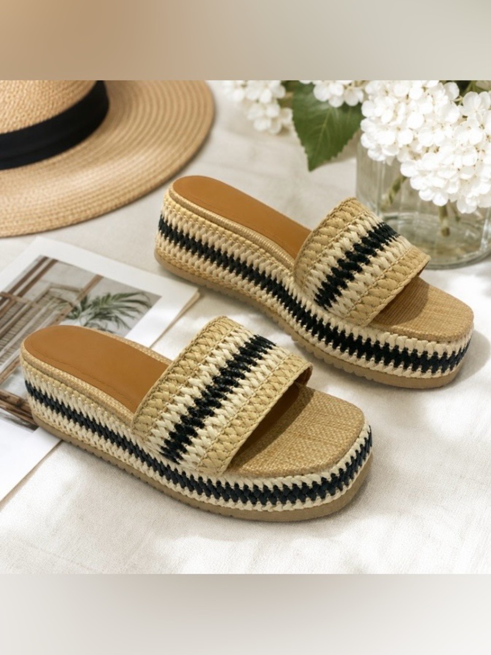 Womens Platform Slide Sandals Size 8 Raffia Woven Straw Black Beige Summer Beach